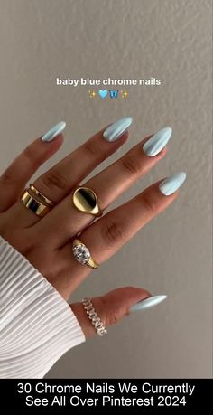 I'm head over heels for light blue chrome nails! They capture light and attention like nothing else, giving off that futuristic, pretty and undeniably cool #chromenailideas Light Blue Chrome Nails, Light Blue Chrome, Blue Chrome Nails, Blue Chrome, Soft Gel Nails, Chrome Nail, Gel Nail Designs, Nail Art Inspiration