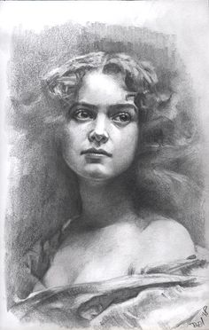 a pencil drawing of a woman's face with her hair blowing in the wind