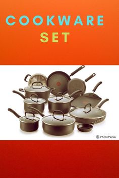 the cookware set is on display in front of an orange background