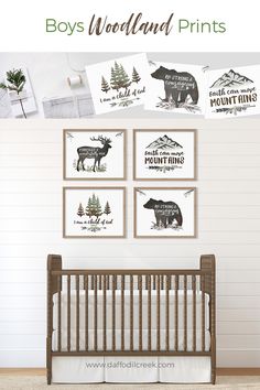 a baby's nursery room with three pictures hanging on the wall, and an infant crib next to it