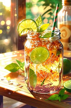 a mason jar filled with lemonade and lime slices