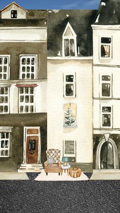 a watercolor painting of a house with two cats sitting in front of it and another cat standing on the sidewalk