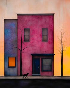 a painting of a cat standing in front of a pink building with trees and a yellow window