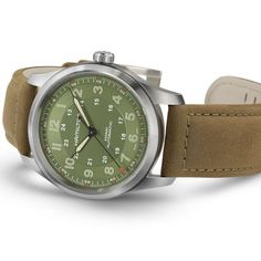 Khaki Field Titanium - Green dial - Brown strap - H70205860 | Hamilton Watch Classic Outdoor Chronograph Watch With Subdials, Timeless Chronograph Watch For Outdoor With Round Dial, Timeless Outdoor Chronograph Watch With Round Dial, Classic Outdoor Watch With Tachymeter, Timeless Outdoor Chronograph Watch, Outdoor Watches With Rectangular Dial, Outdoor Watch Accessories With Analog Display, Outdoor Analog Display Watches, Classic Outdoor Chronograph Watch With Tachymeter