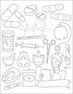 a black and white drawing of medical supplies