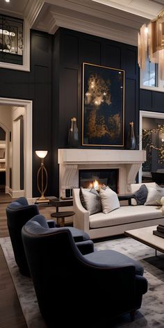 a living room filled with furniture and a fire place in the middle of a room