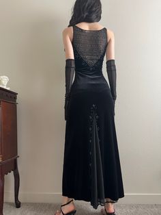 Rare vintage black velvet dress with mesh beaded inserts.  size XS Very good condition. Black Velvet Evening Dress For Gala, Fitted Gothic Evening Dress For Formal Events, Elegant Formal Velvet Dress With Sequins, Glamorous Embellished Velvet Formal Dress, Glamorous Embellished Velvet Dress For Formal Occasions, Glamorous Embellished Fitted Velvet Dress, Glamorous Fitted Embellished Velvet Dress, Elegant Black Ballroom Dresses, Black Velvet Gala Dress