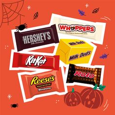 halloween candy bar wrappers on an orange background