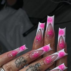 Nail Aesthetic Wallpaper, Pink Airbrush Nails, Xl Nails, Pink Wonderland, Airbrush Nail Art, Hello Nails, Airbrush Nails, French Nail Designs, Y2k Nails