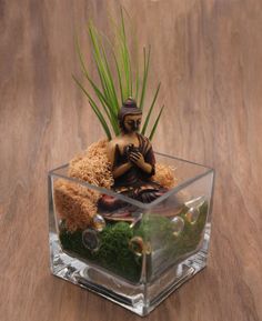 a small buddha statue sitting on top of a glass vase filled with grass and dirt