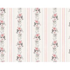 a striped wallpaper with flowers and stripes on the bottom, in pinks and greys