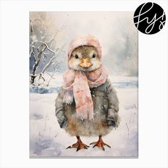 a watercolor painting of a duck wearing a winter coat and scarf with a snowy background