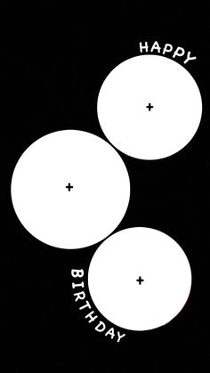 two circles with the words happy birthday written on them in black and white, against a dark background