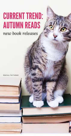 a cat sitting on top of a pile of books with the title current trend autumn reads