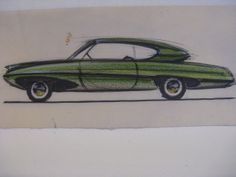 a drawing of a green car with yellow rims