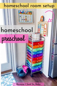 a child's room with colorful drawers on the floor and a metal cart in front of it