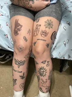 Random Tattoo Leg Sleeve, Tattoo Legs For Woman, Legs Full Of Tattoos, Mini Body Tattoos, Random Leg Tattoos Women, Cool Tattoos Patchwork, Patchwork Tattoo Plus Size, Patchwork On Legs Tattoo, Patchwork Tattoos On Women