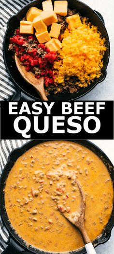 two pans filled with different types of food and the words easy beef quesadilla