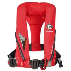 the life jacket is red and has black trimmings on the side, with an attached