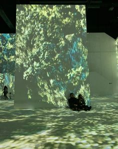 two people sitting on the ground in front of a projected wall with green and blue leaves