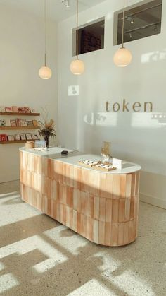 the inside of a store with an open counter