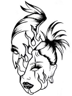 a drawing of a woman's face with flames coming out of her hair and eyes