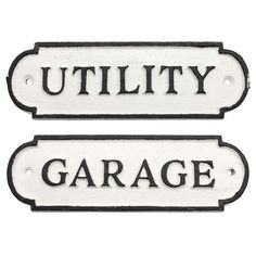 two black and white tags with the words utility garage written on them, both in english and french