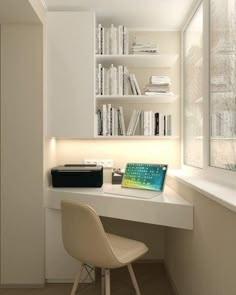 a white desk with a chair and bookshelf in the corner next to it