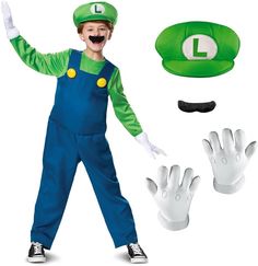 a boy dressed up as luigi the mario brothers costume with gloves, hat and eye patch