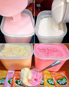 three pictures showing how to make pink ice cream in the microwave and on the counter