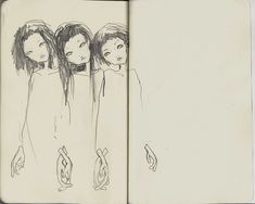 an open book with drawings of three women