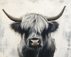 a painting of a cow with long hair and large horns is shown in front of a white background