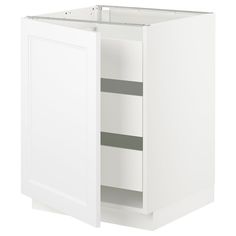 a white cabinet with two doors and one drawer on the left side is open to reveal its contents