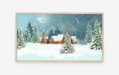 a painting of a snowy village with trees