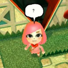 an animal crossing game with a girl in the background and a speech bubble above her head