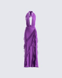 If you want to get everything you want, just wear this dress 👑 Made from georgette fabric, and complete with ruffle and ruching details, a high slit, and a low open back - this purple maxi dress will have everyone treating you like royalty 💜 Finesse Dress, Form Fitting Black Dress, Pink Lace Maxi Dress, Purple Ruffle Dress, White Corset Dress, Purple Maxi, Purple Maxi Dress, Yellow Mini Dress, Future Of Fashion