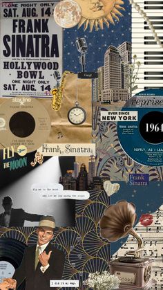 collage of various music related items including an old record player, piano, and clock