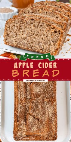 two slices of apple cider bread on a white plate with the title overlay