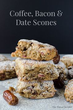 coffee, bacon and date scones stacked on top of each other