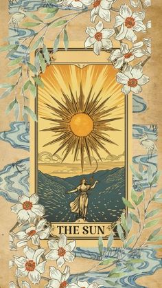 the sun surrounded by flowers and leaves on top of a brown paper with blue water