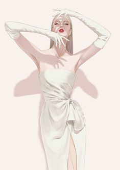 a drawing of a woman in a white dress with her hands on her head and arms behind her head