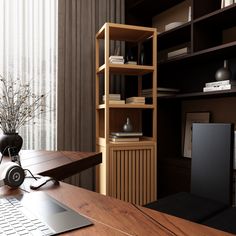 an open laptop computer sitting on top of a wooden desk next to a book shelf