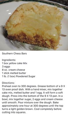 a piece of cake on a white plate with information about the ingredients and how to make it