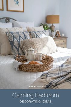 a bed that has some food on top of it and pillows in the background with text reading, calming bedroom decor ideas