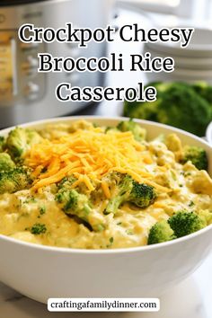 crockpot cheesy broccoli rice casserole in a white bowl