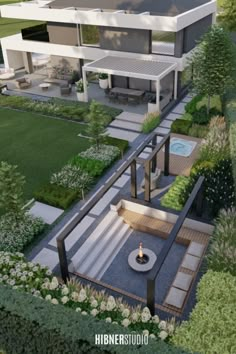 an artist's rendering of a modern house in the middle of a lush green yard