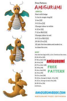 the instructions for how to crochet an amigurmi dragon with wings and tail