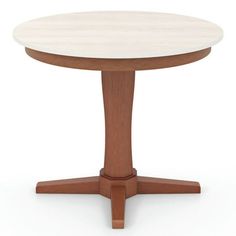 a round wooden table with white marble top on an isolated surface, viewed from the front