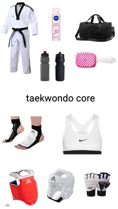 the words takewondo core are written in black and white, with different items on it