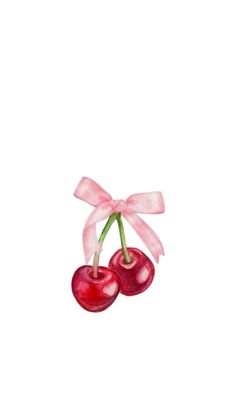 two cherries tied with pink ribbon on white background